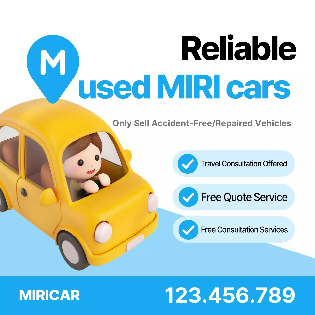 Anúncio de carro usado simples e confiável em azul celeste e branco