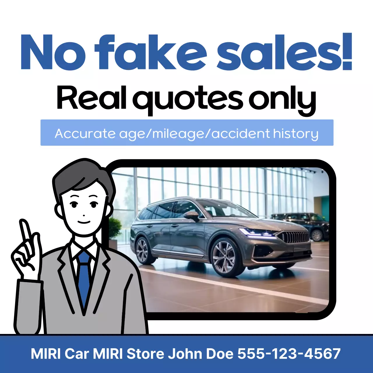 Promosi toko mobil bekas biru dan putih sederhana