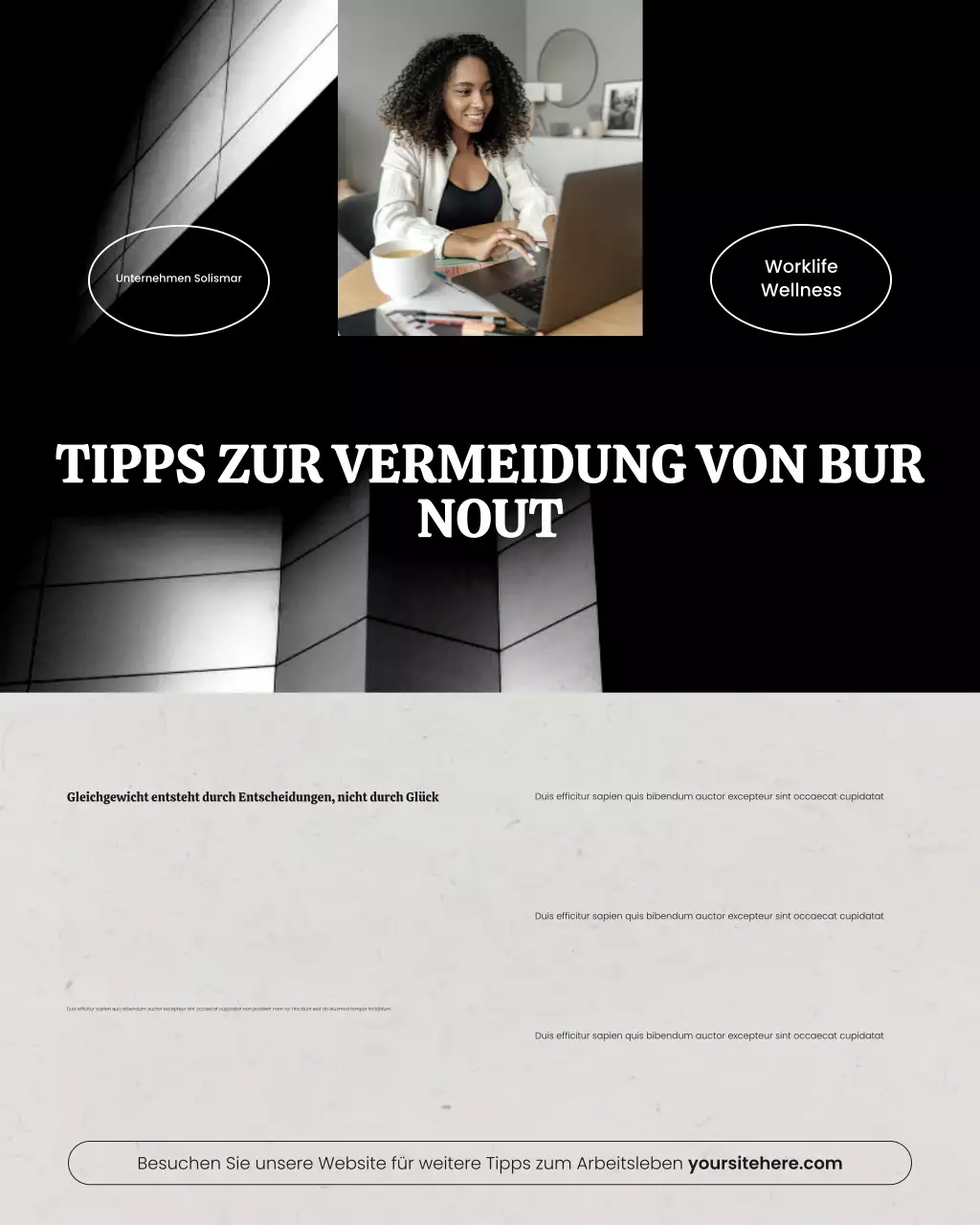 Minimalistischer Work-Life-Wellness-Beitrag in Schwarz und Grau