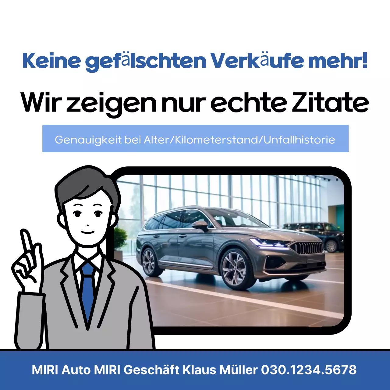 Einfache blau-weiße Werbung für Gebrauchtwagengeschäft