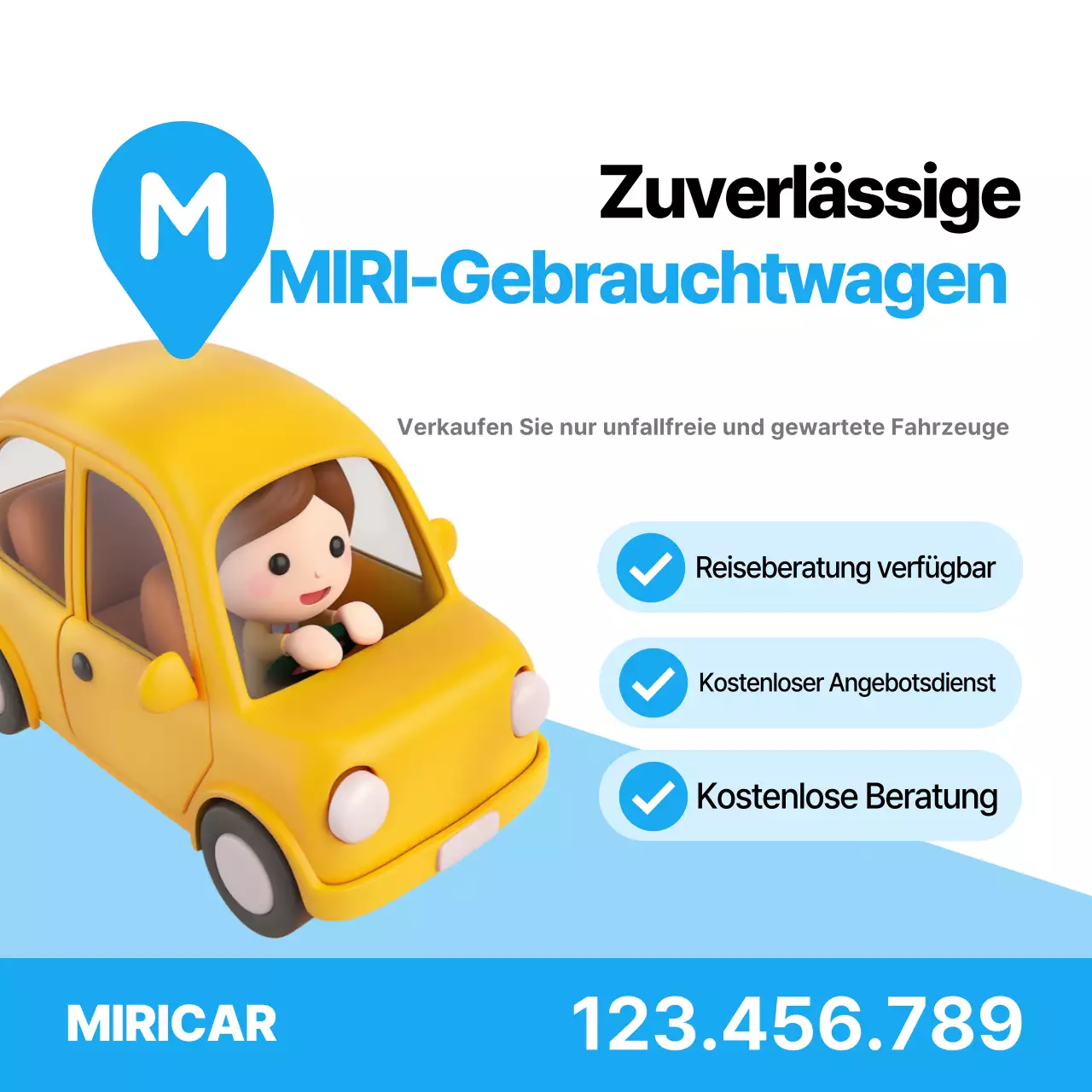 Schlichte und zuverlässige Gebrauchtwagenwerbung in Himmelblau und Weiß