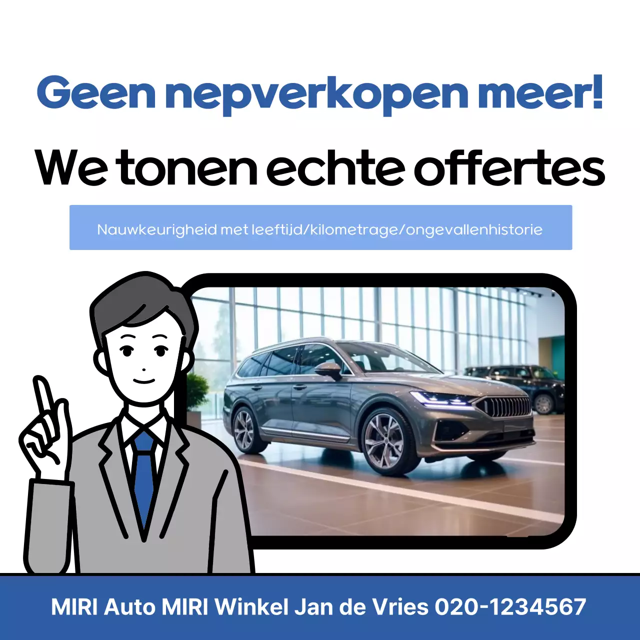 Eenvoudige blauw-witte tweedehands autowinkelpromotie
