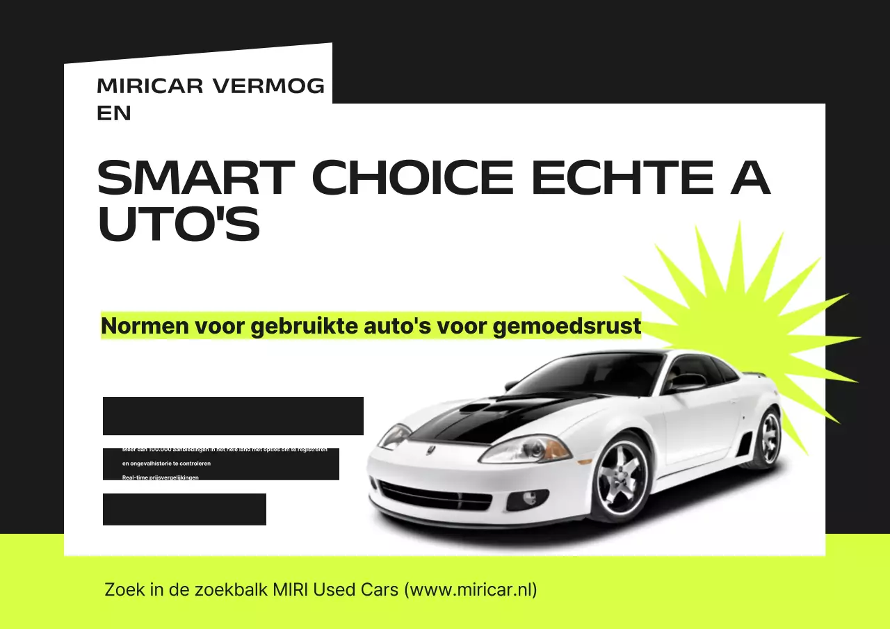 Eenvoudige promotie van een tweedehandsauto in zwart en fluorescerend materiaal