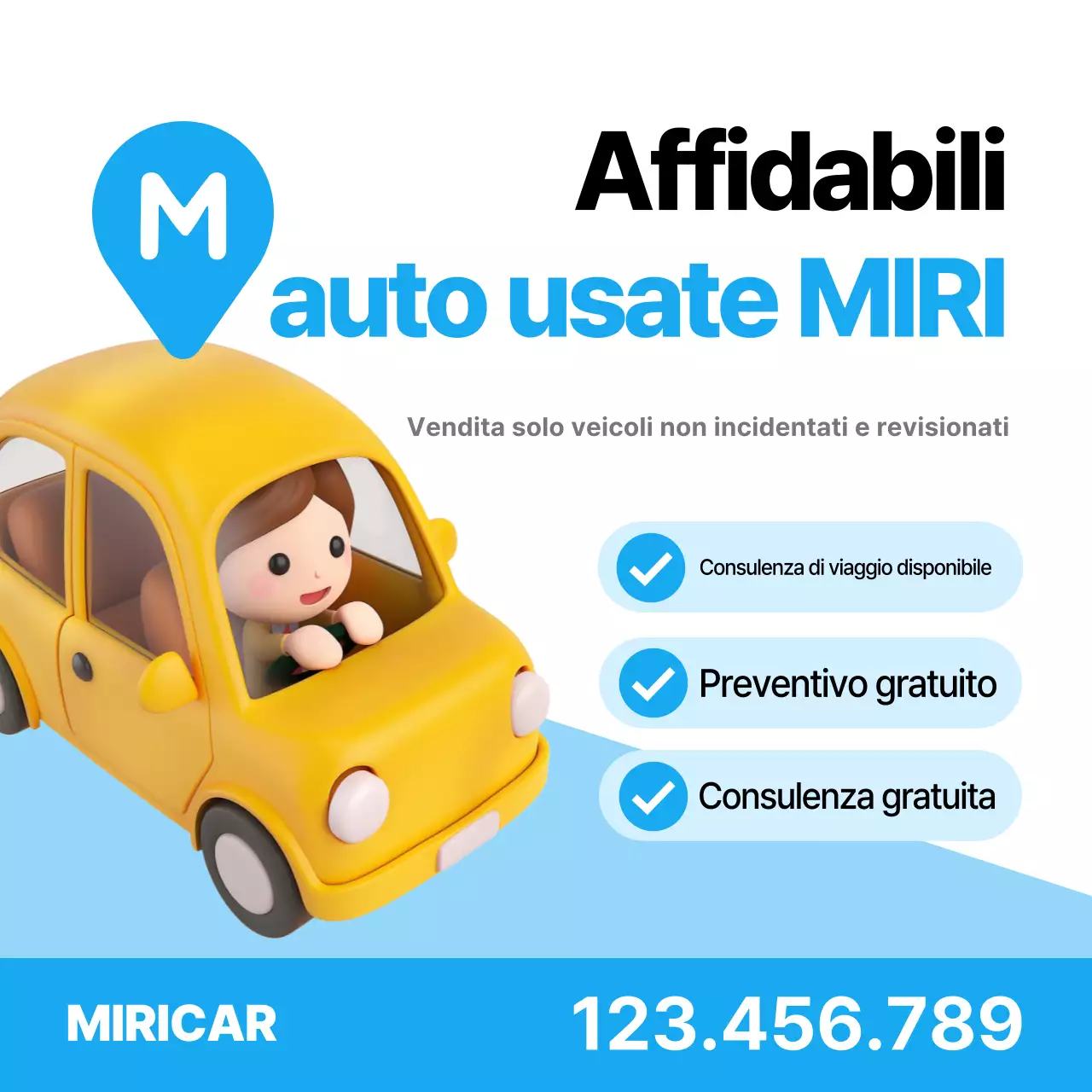 Annuncio di auto usata semplice e affidabile in azzurro e bianco