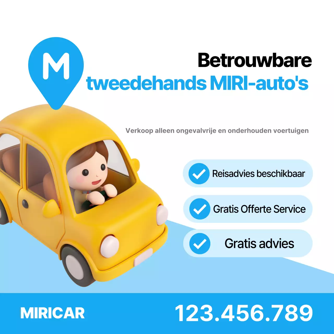 Eenvoudige en betrouwbare advertentie voor gebruikte auto's in hemelsblauw en wit