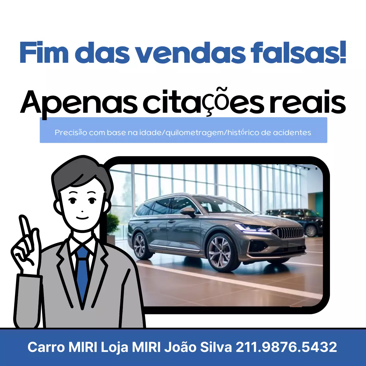 Promoção simples de loja de carros usados ​​em azul e branco