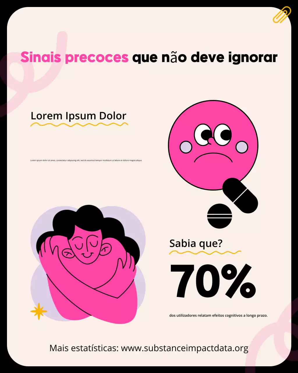 Postagem amarela e rosa do Instagram sobre saúde mental e abuso de substâncias