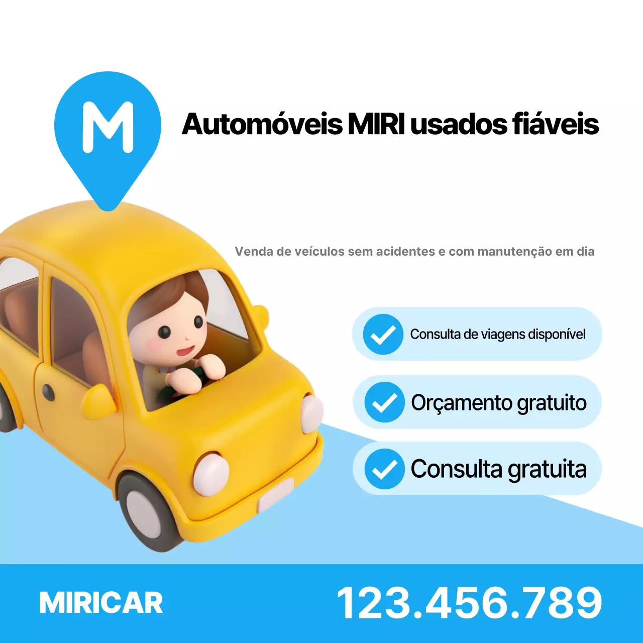 Anúncio de carro usado simples e confiável em azul celeste e branco