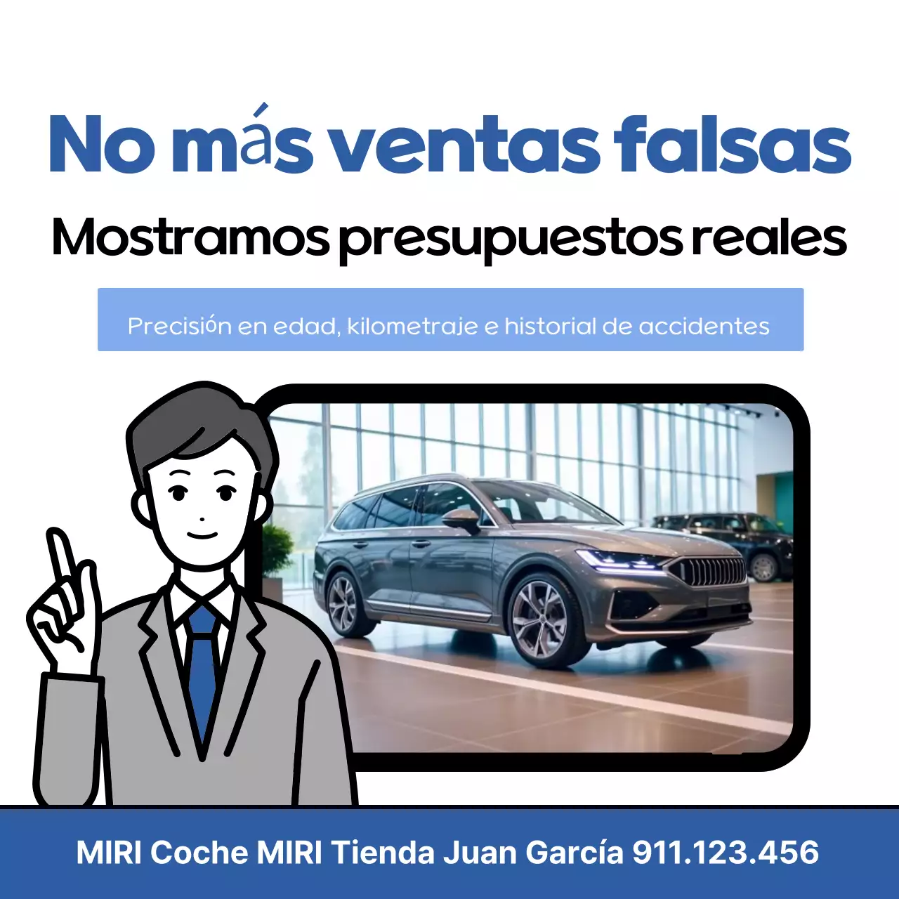 Promoción sencilla de tienda de autos usados en azul y blanco.