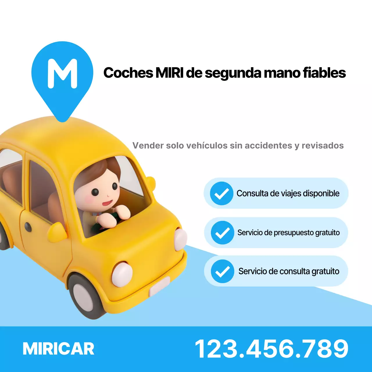 Anuncio de coche usado sencillo y fiable en azul cielo y blanco.