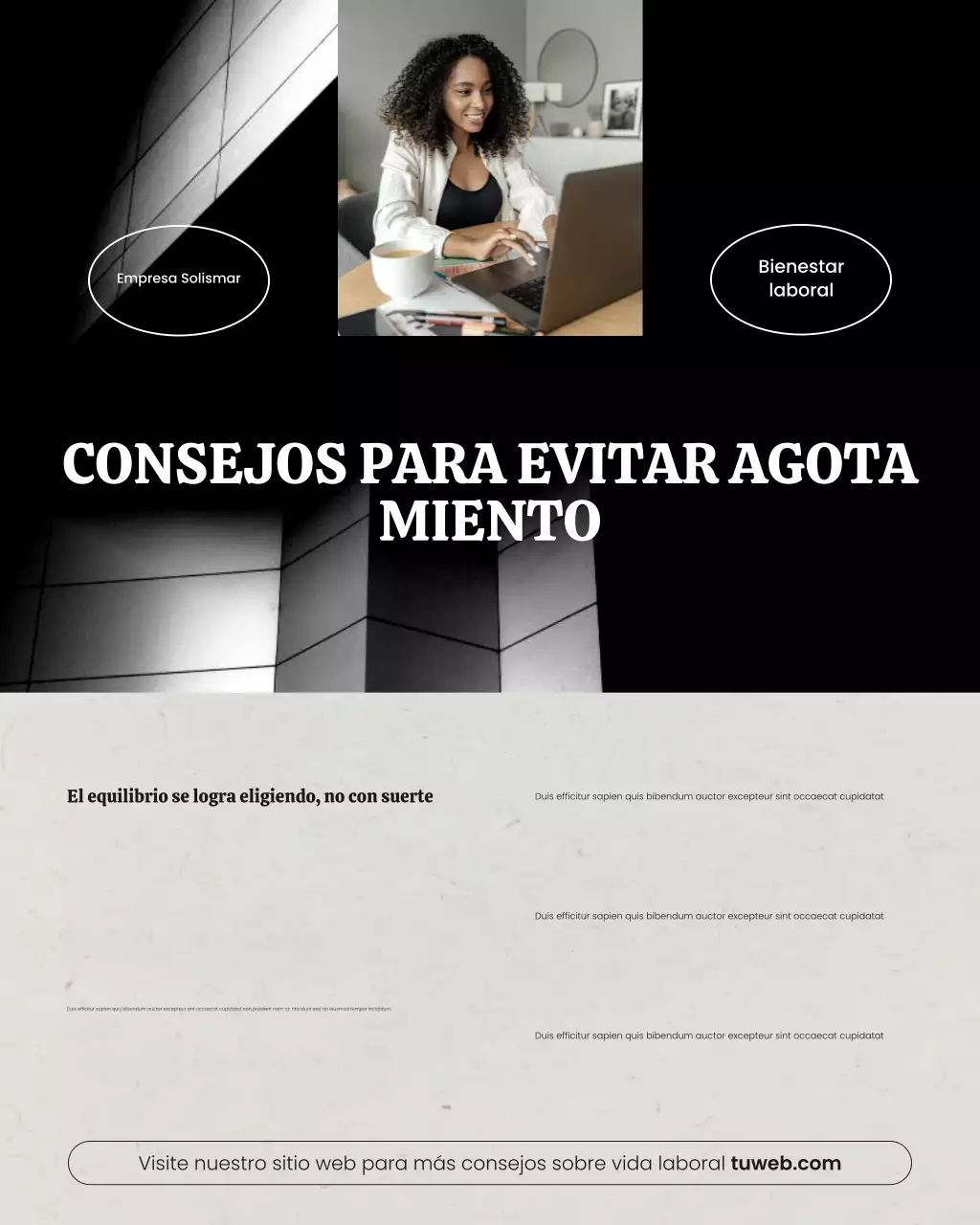 Publicación de Instagram con consejos minimalistas de bienestar para el trabajo y la vida personal en negro y gris