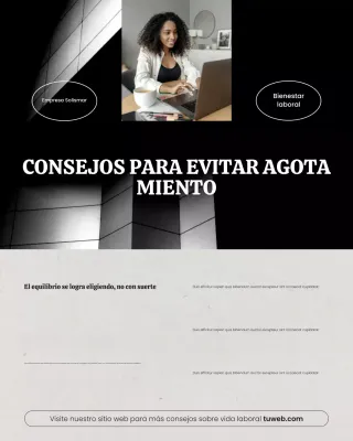 Publicación de Instagram con consejos minimalistas de bienestar para el trabajo y la vida personal en negro y gris