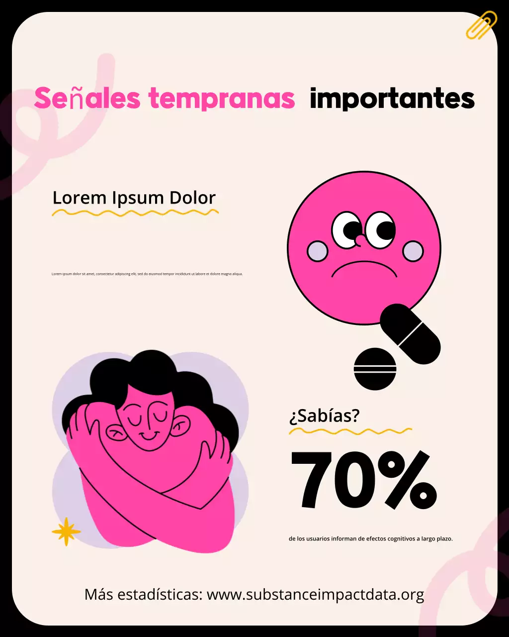 Publicación de Instagram sobre salud mental y abuso de sustancias en amarillo y rosa