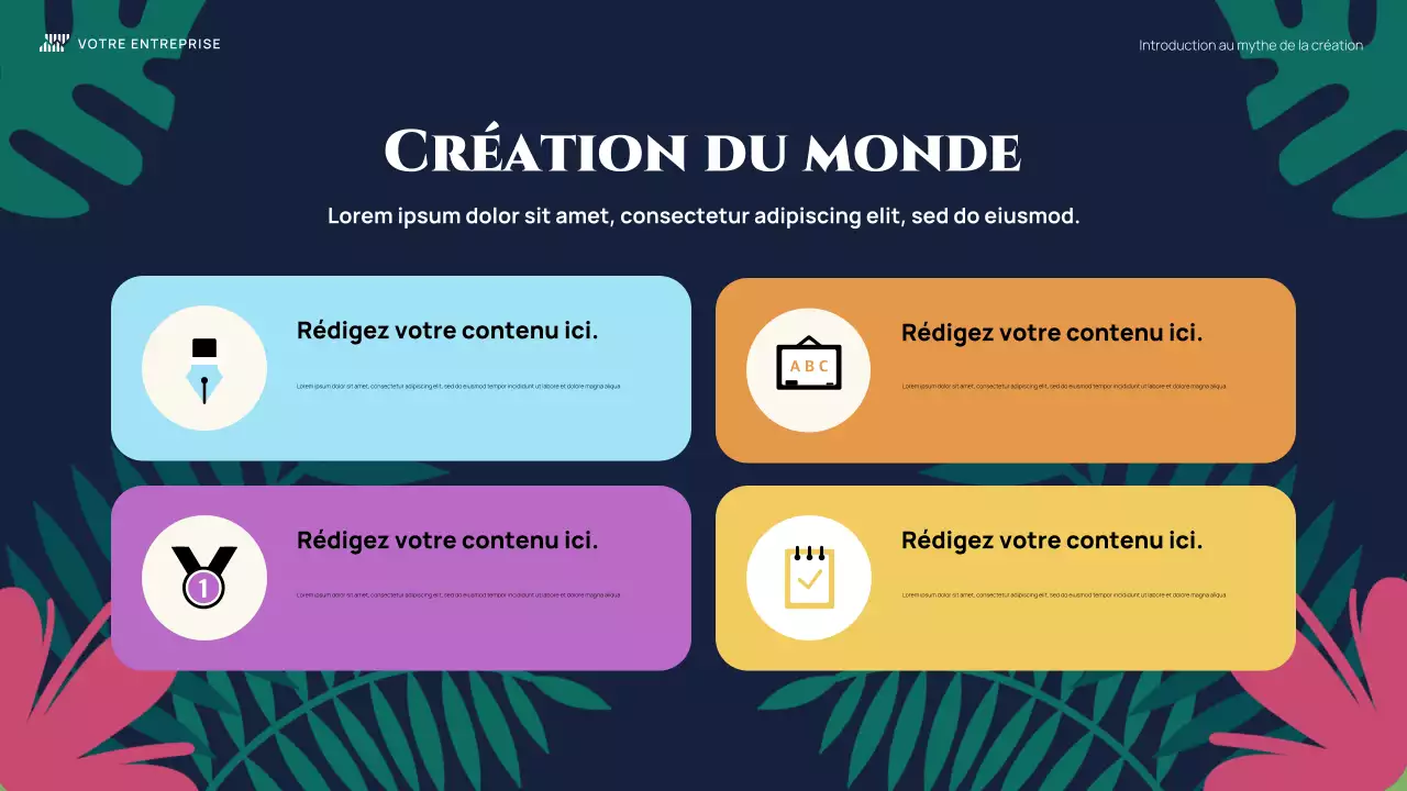 Présentation du mythe de la création, introduction illustrative et colorée