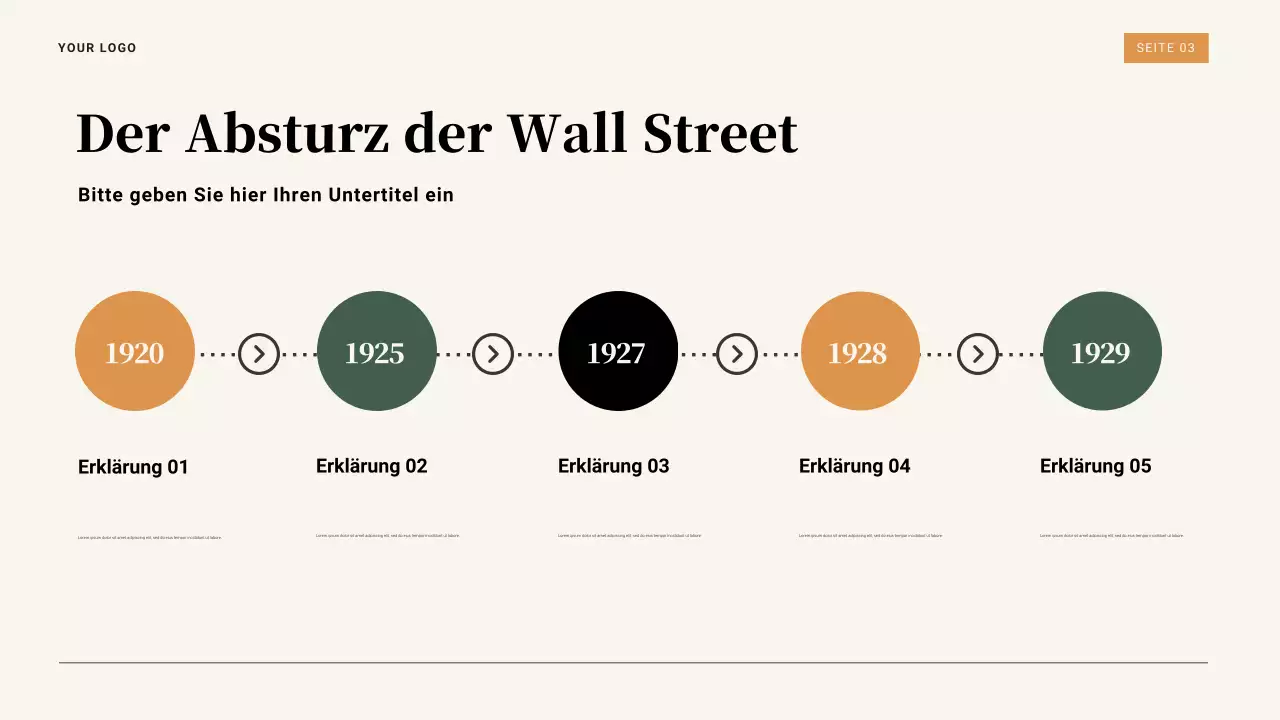 Braune und orangefarbene Vintage-Präsentation zur Weltwirtschaftskrise von 1929