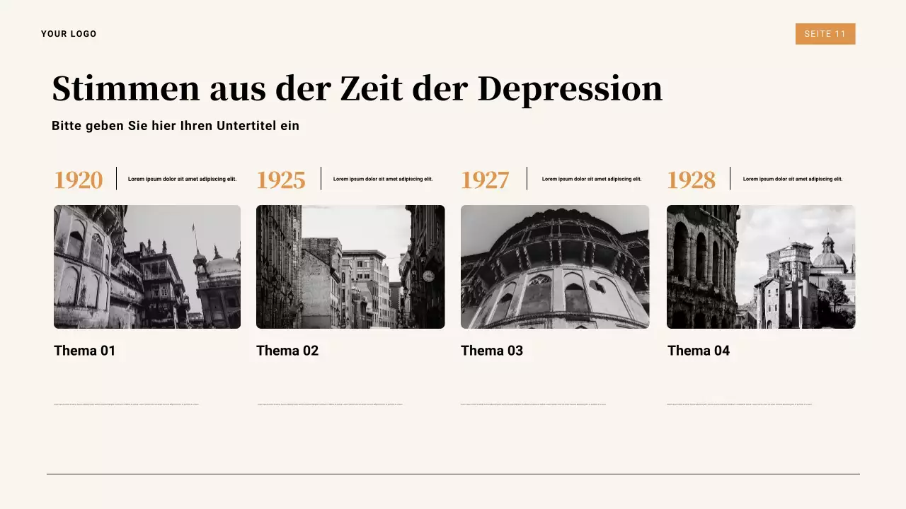 Braune und orangefarbene Vintage-Präsentation zur Weltwirtschaftskrise von 1929