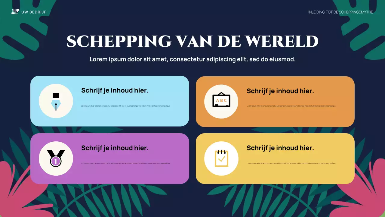 Kleurrijke illustratieve inleiding scheppingsmythe presentatie