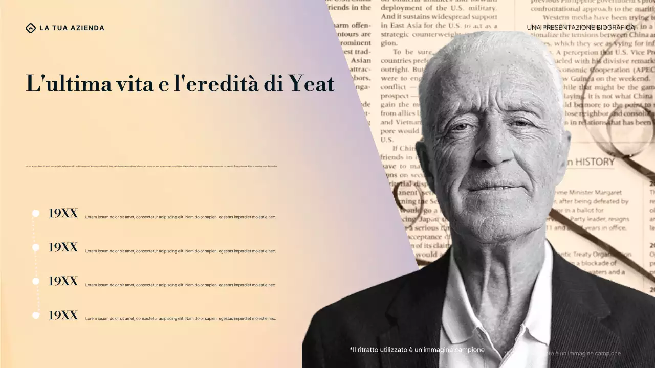 Presentazione della biografia di William Butler Yeats con sfumatura viola, blu e crema