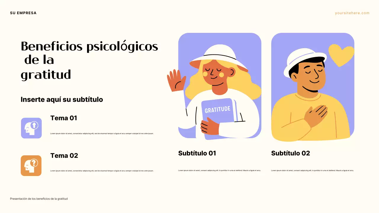 Presentación sobre el poder de la gratitud en tonos morado y naranja