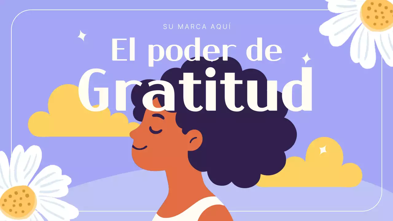 Presentación sobre el poder de la gratitud en tonos morado y naranja