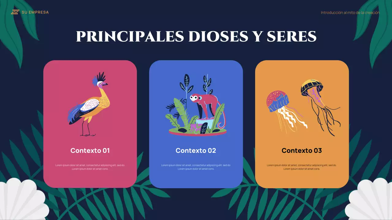 Presentación ilustrativa colorida del mito de la creación