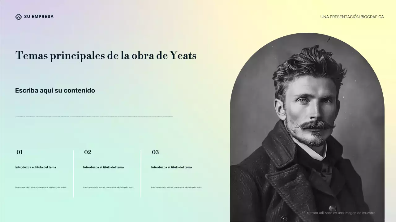 Presentación de la biografía de William Butler Yeats en degradado púrpura, azul y crema