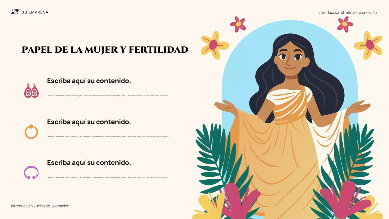 Presentación ilustrativa colorida del mito de la creación