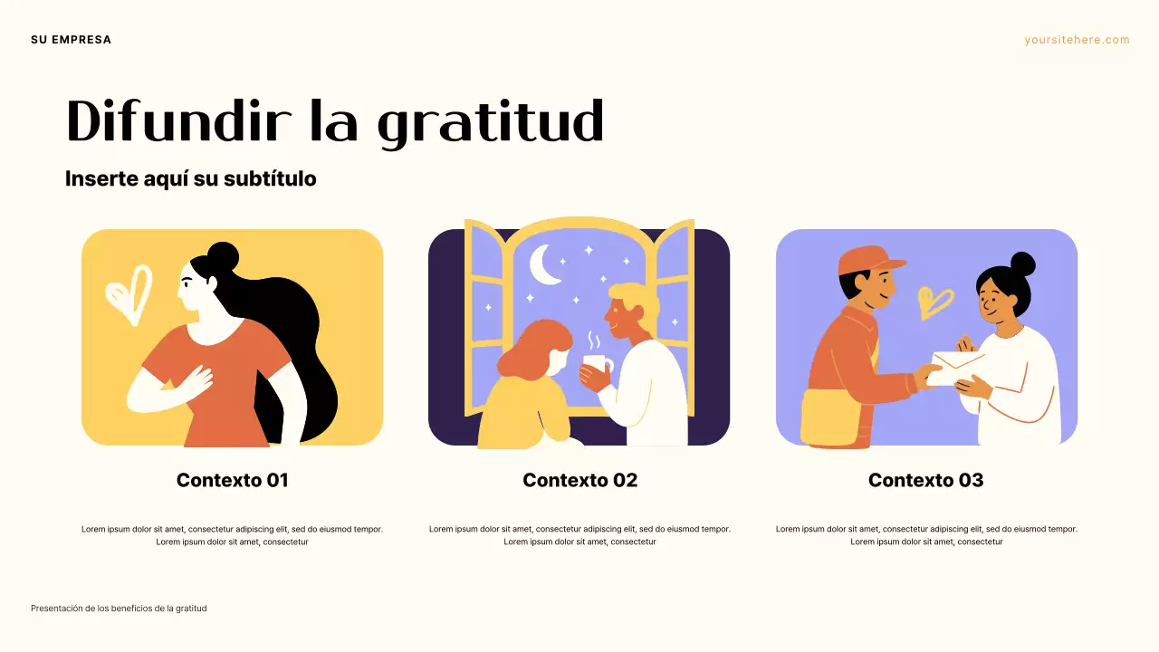 Presentación sobre el poder de la gratitud en tonos morado y naranja