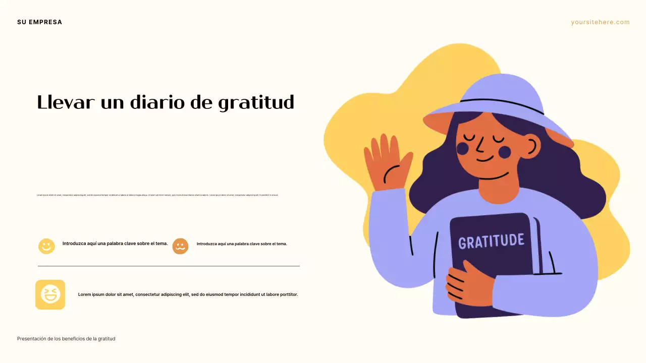 Presentación sobre el poder de la gratitud en tonos morado y naranja