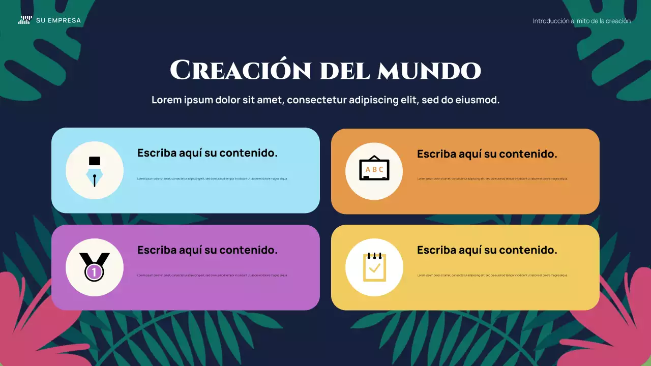 Presentación ilustrativa colorida del mito de la creación