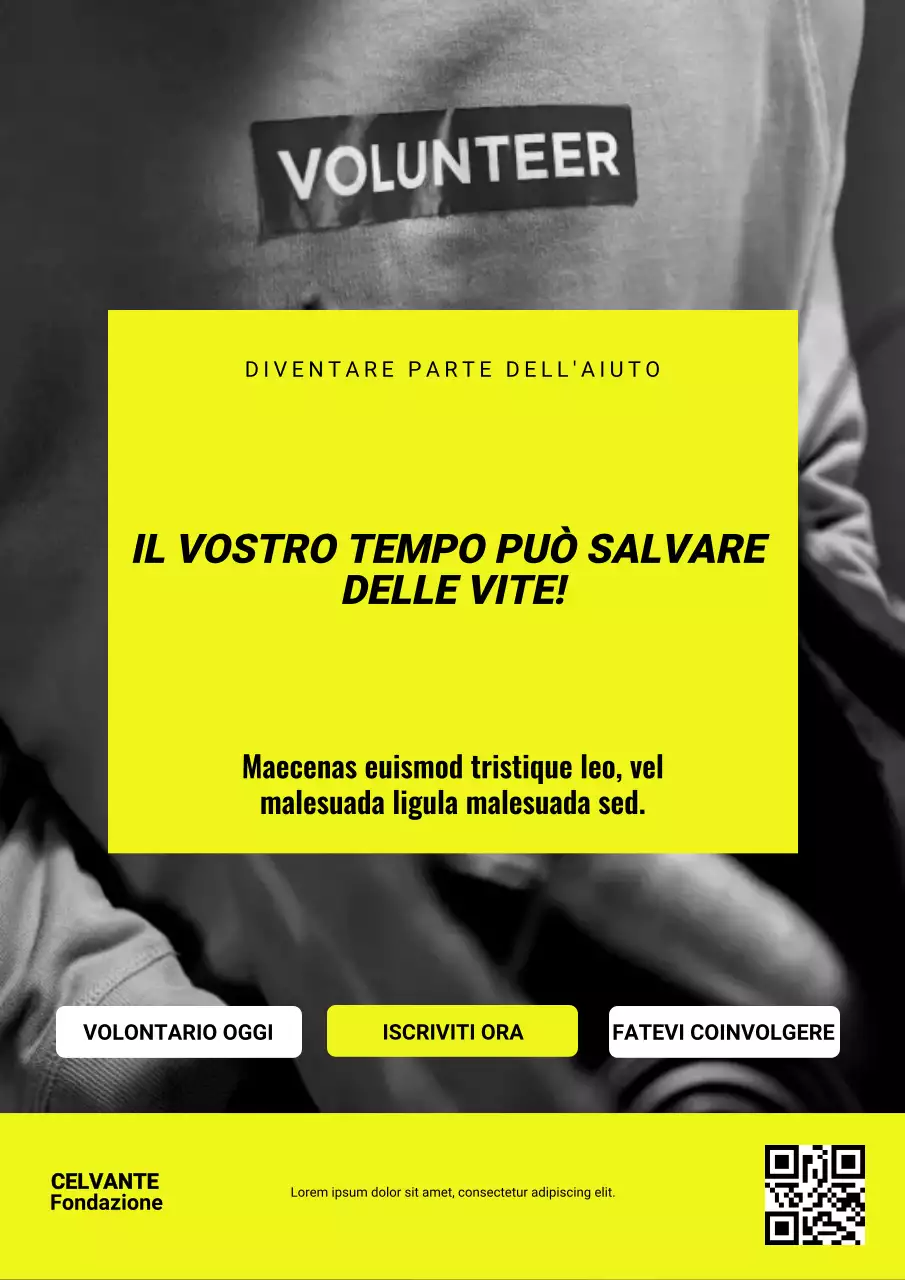 Poster web per la promozione dei volontari in grassetto giallo
