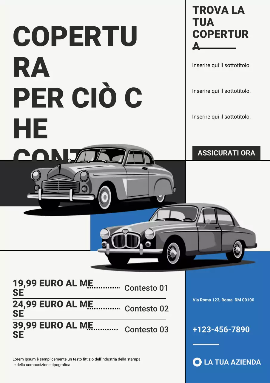 pubblicità di assicurazione per auto d'epoca blu