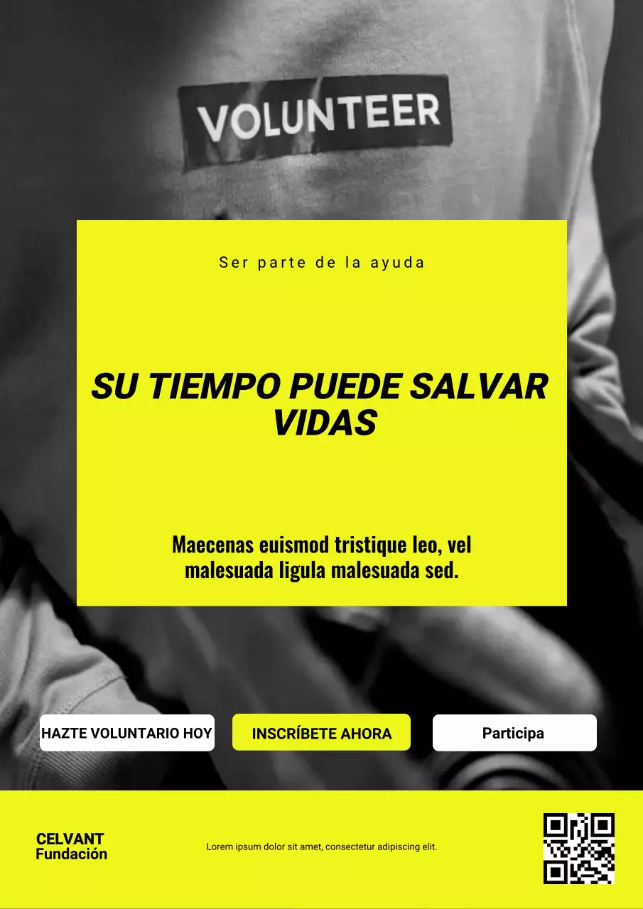 Póster web de promoción de voluntariado en negrita amarilla