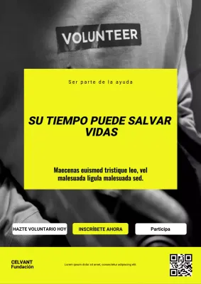 Póster web de promoción de voluntariado en negrita amarilla