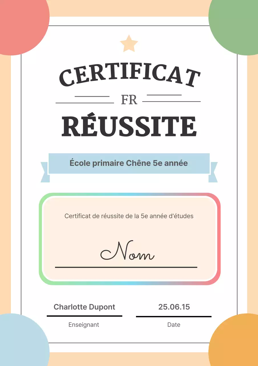 Certificat d'achèvement d'éducation colorée et lumineuse