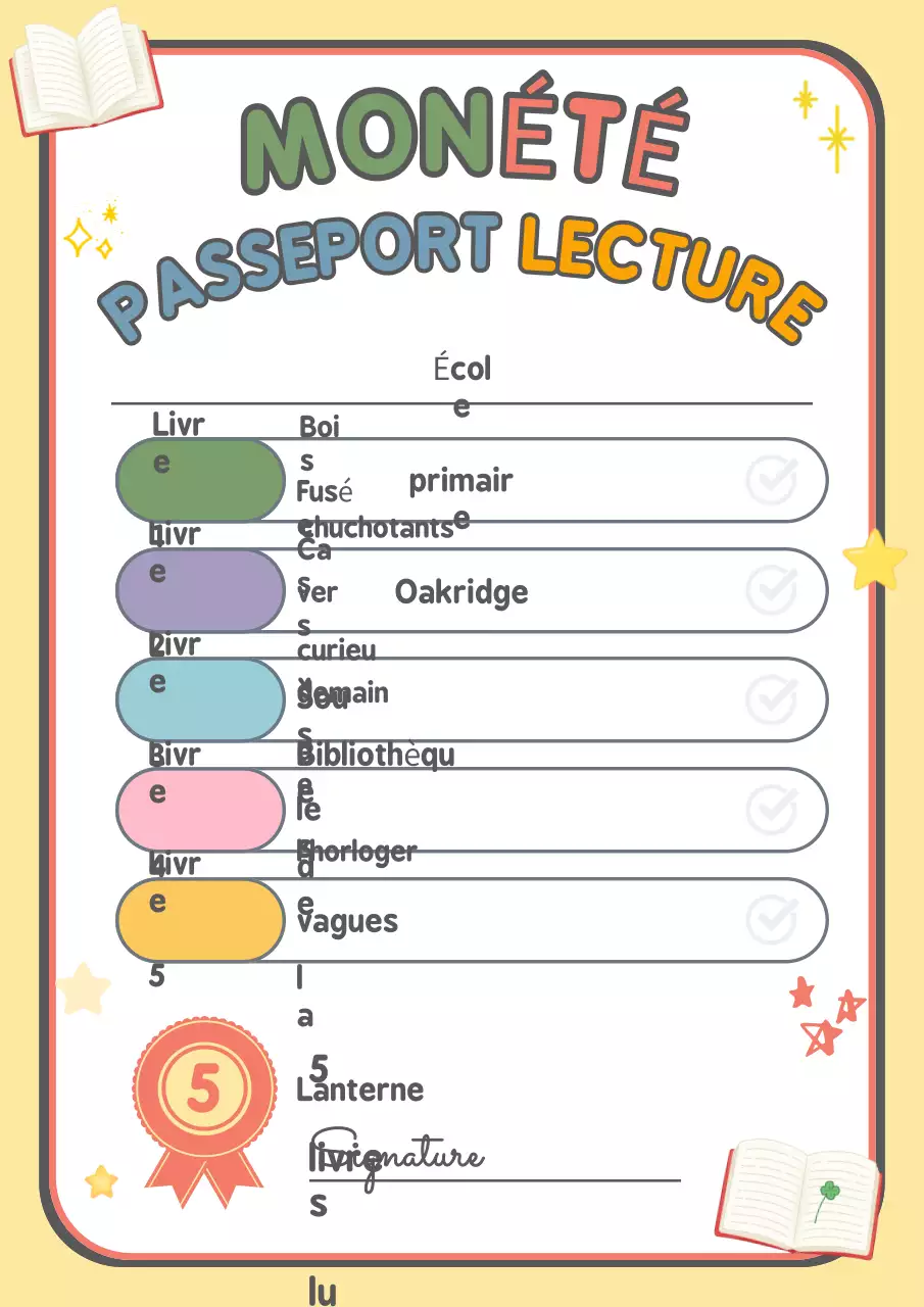 Certificat de lecture ludique et colorée pour les vacances d'été