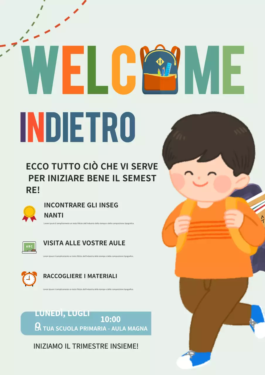 Manifesto colorato per l'annuncio dell'evento scolastico moderno