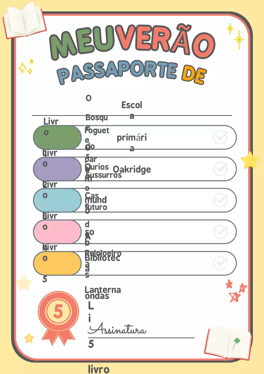 Certificado de Leitura Colorida e Divertida Férias de Verão