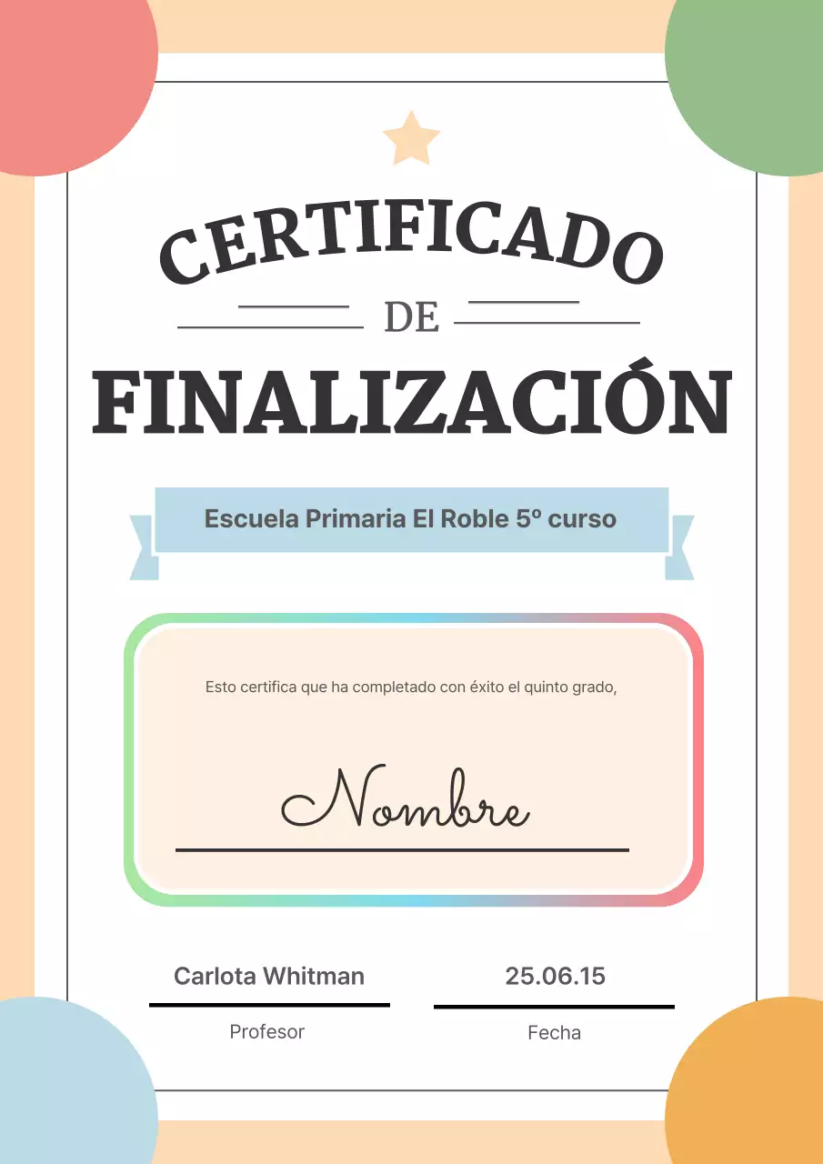 Certificado de finalización de educación brillante y colorida