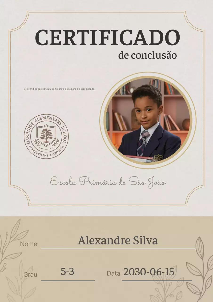 Documento de Conclusão do Certificado Escolar Clássico Bege