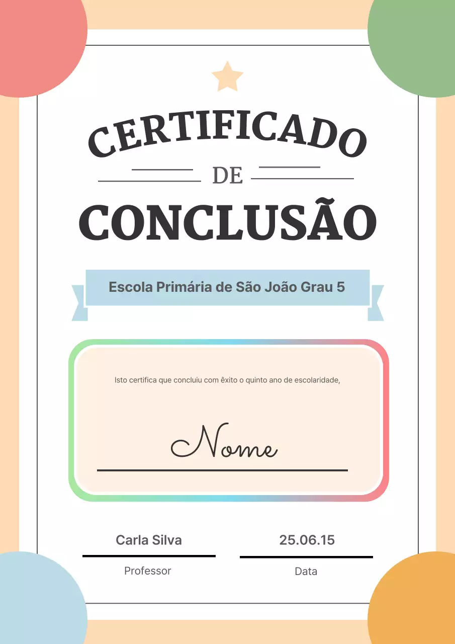 Certificado de conclusão de educação colorida e brilhante