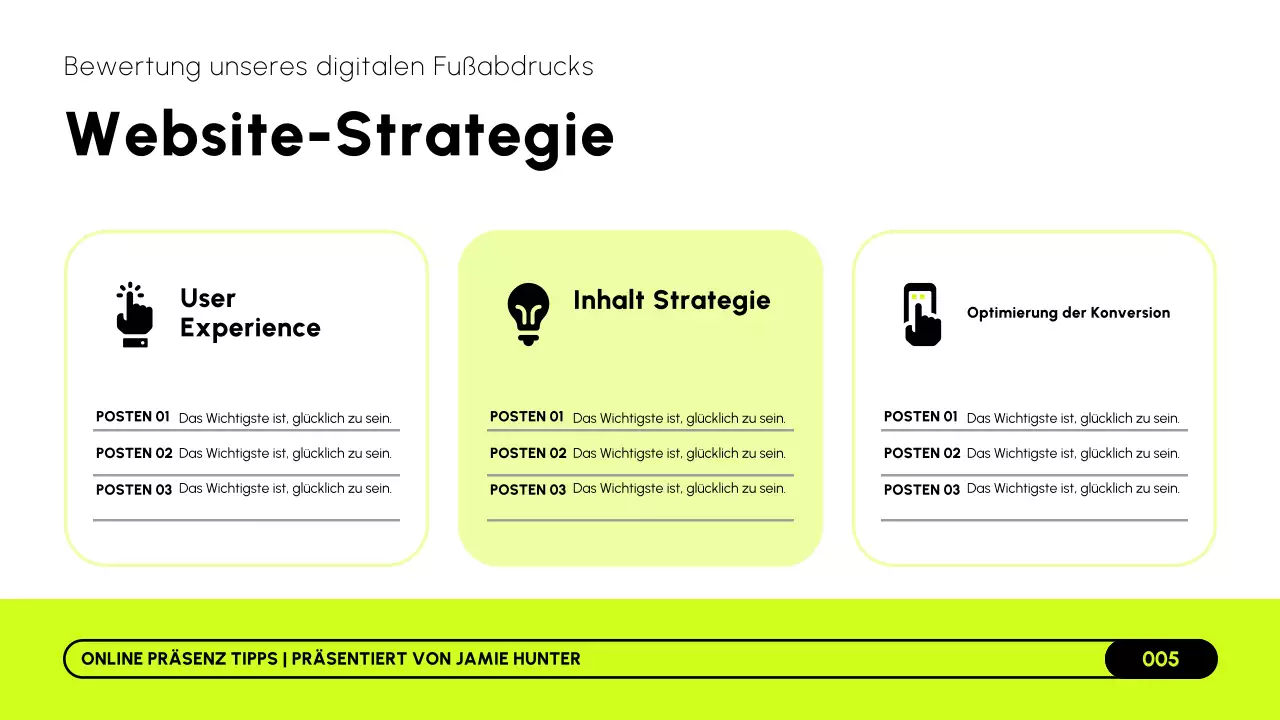 Limettengrüne, schwarz-weiße Präsentation einer modernen Online-Marketingstrategie