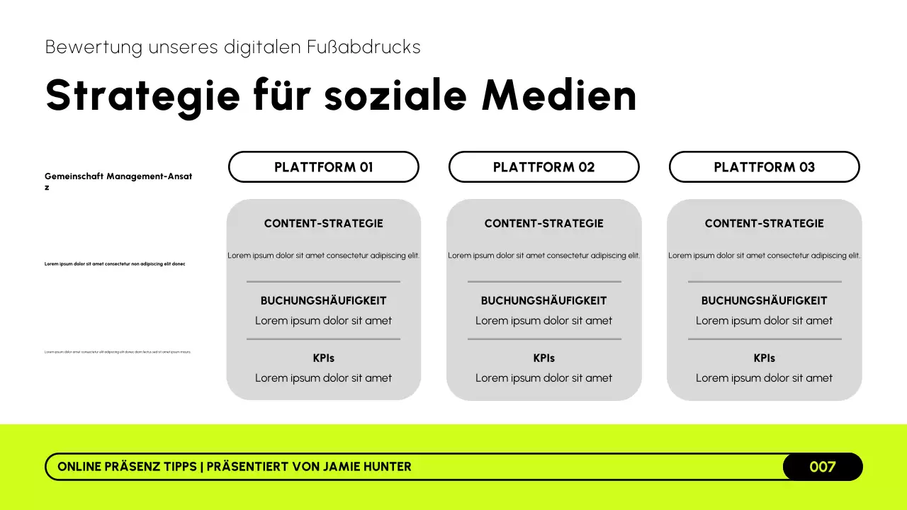 Limettengrüne, schwarz-weiße Präsentation einer modernen Online-Marketingstrategie
