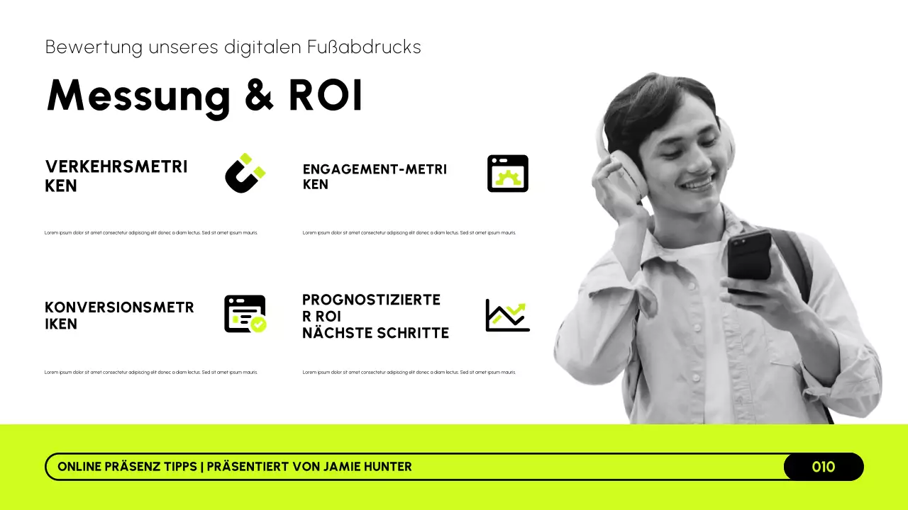 Limettengrüne, schwarz-weiße Präsentation einer modernen Online-Marketingstrategie