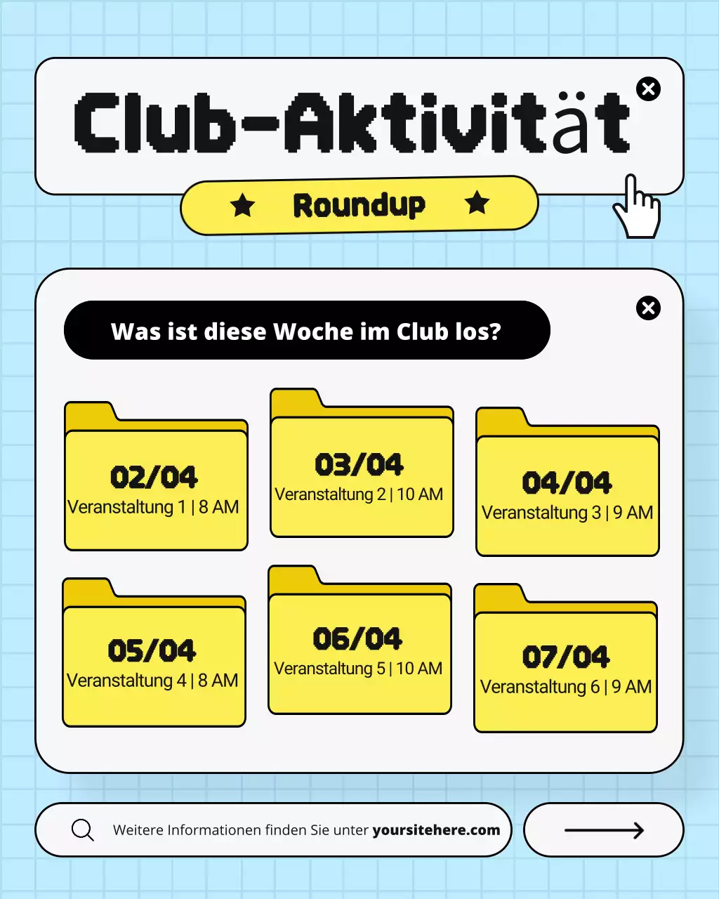 Blauer und gelber Retro UI UX Club – Wöchentliche Events – Instagram-Post