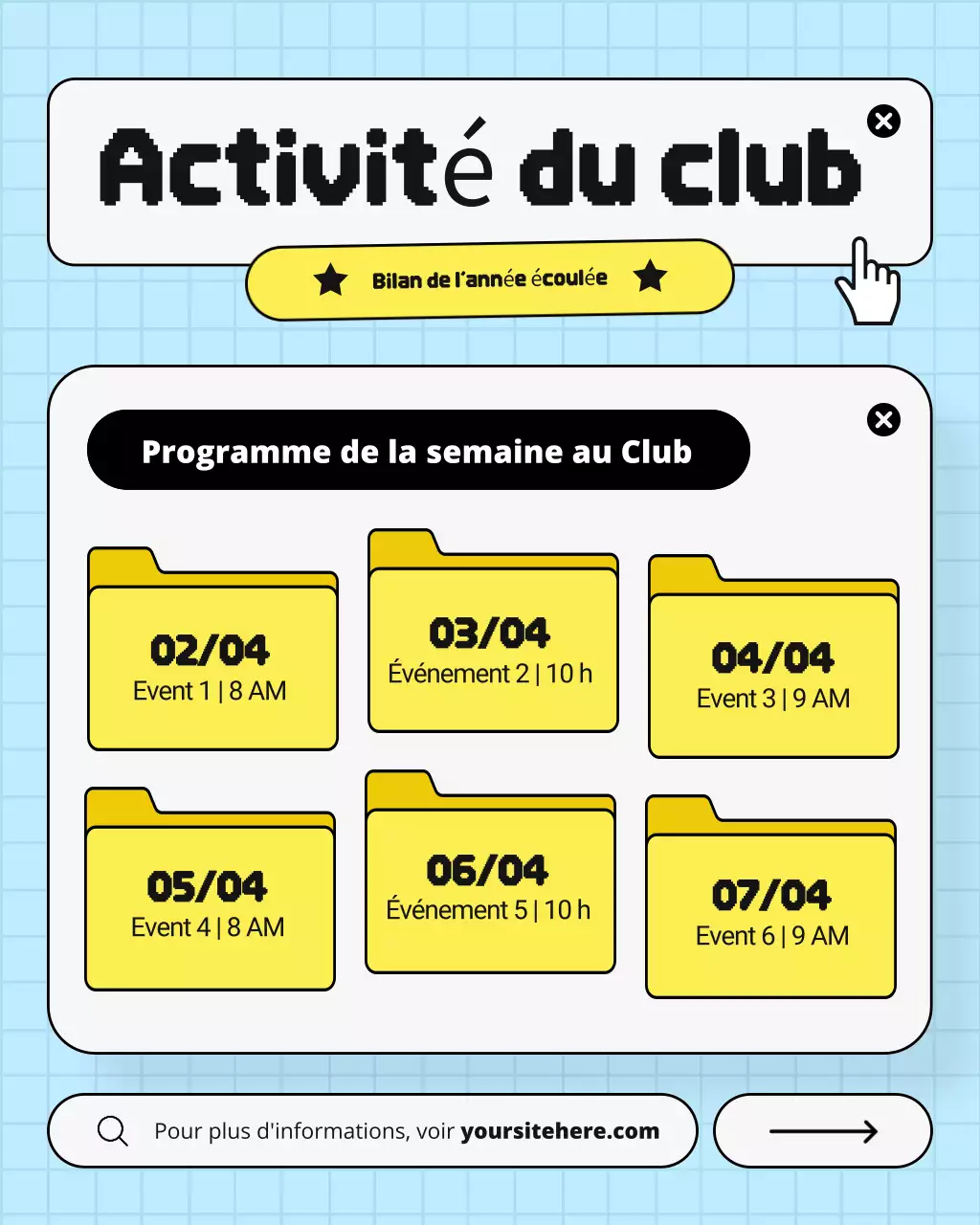 Publication Instagram des événements hebdomadaires du Club UX et UI rétro bleu et jaune