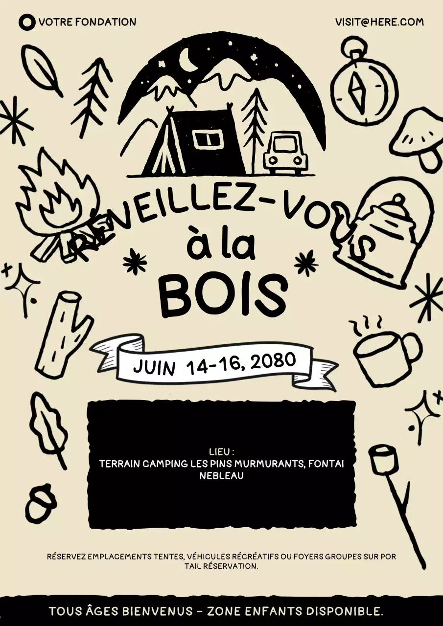 Affiche du festival régional de camping, style gribouillage dessiné à la main