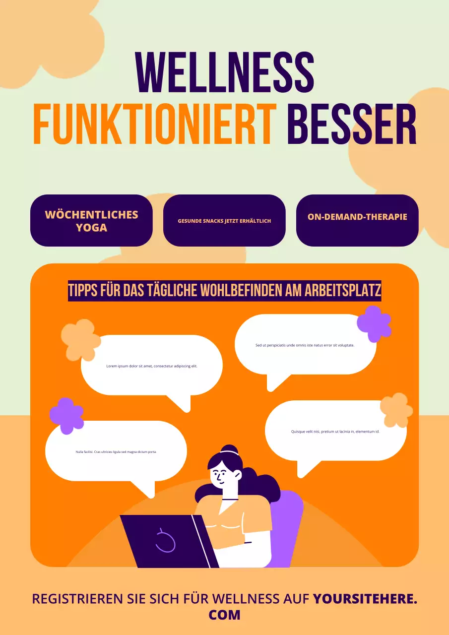 Orangefarbenes, flaches Poster mit Tipps für moderne Arbeitsplatz-Wellnessprogramme
