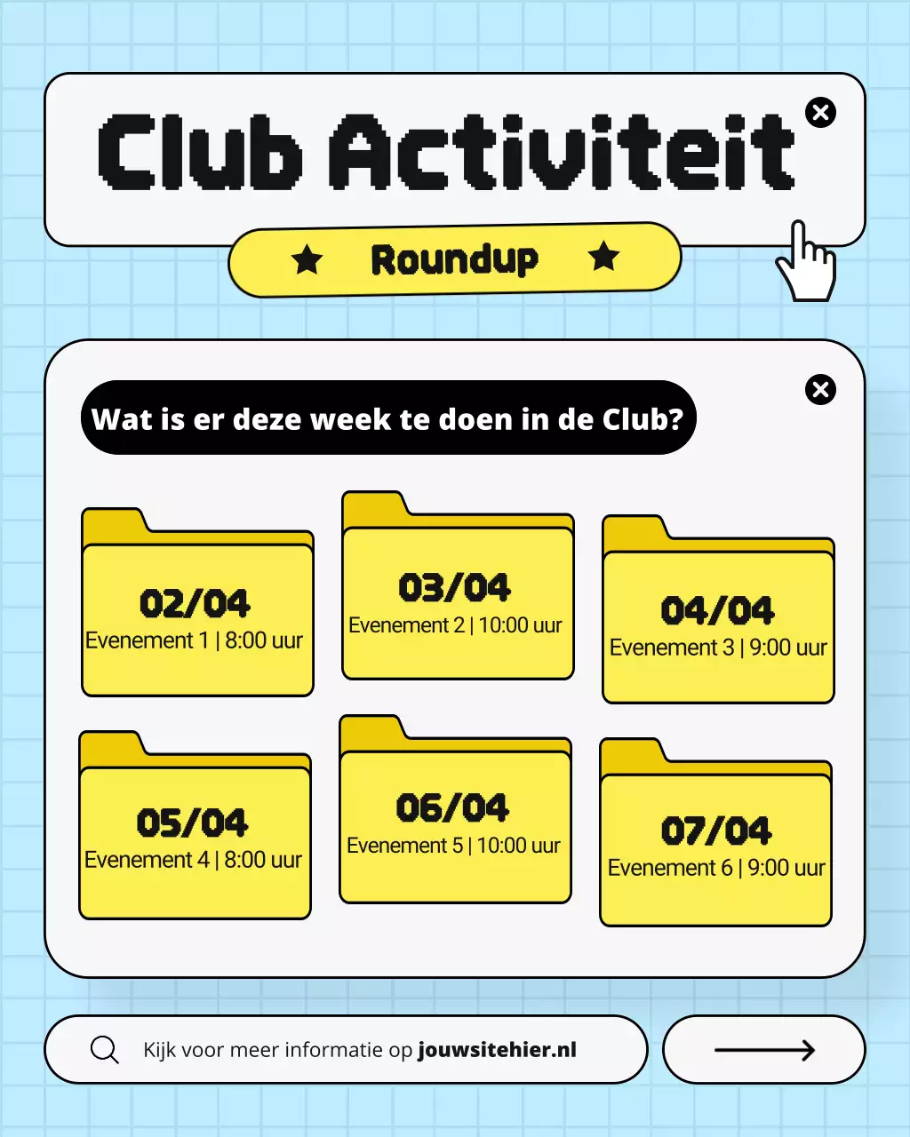Instagram-bericht voor de wekelijkse evenementen van de Blue and Yellow Retro UI UX Club