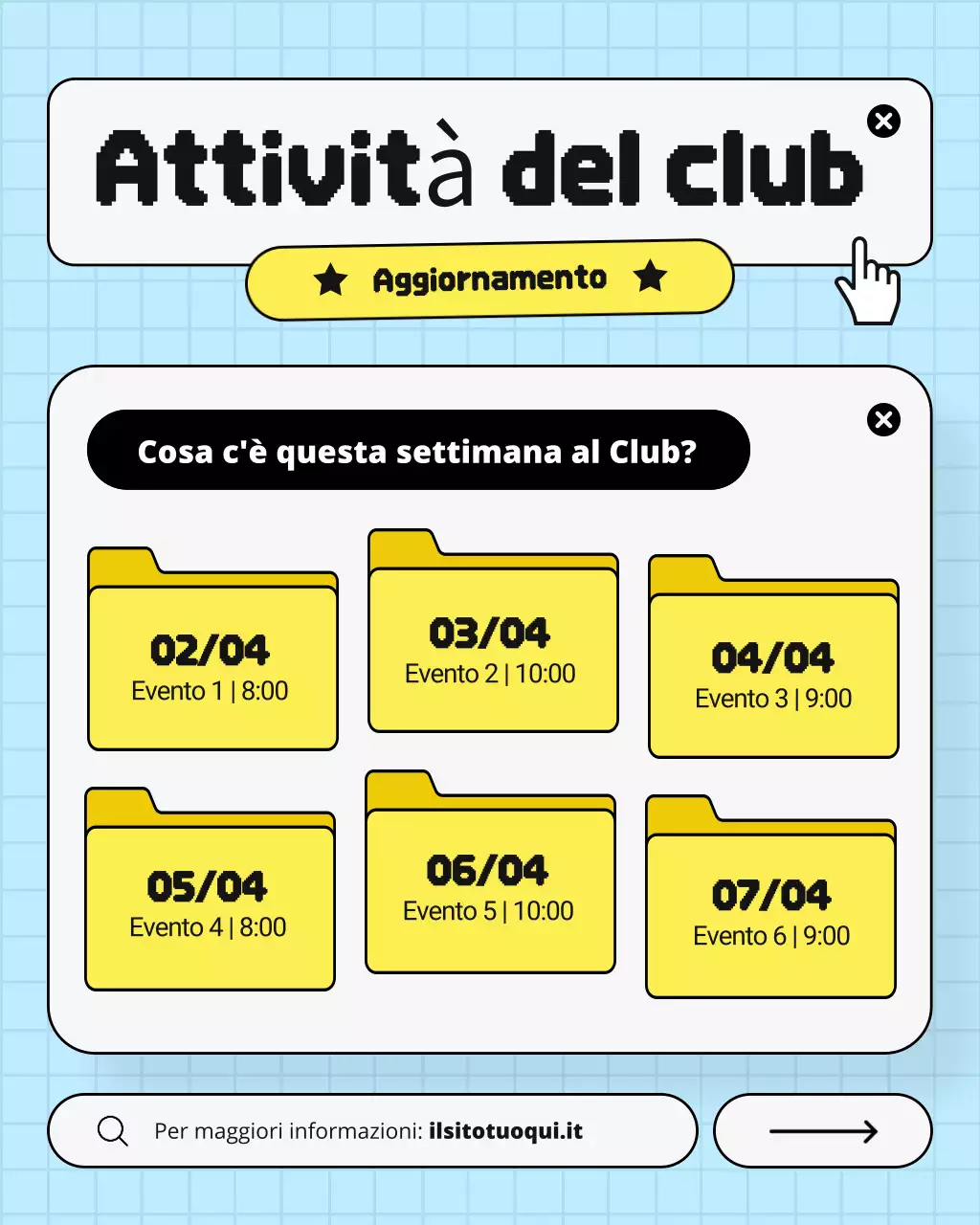 Post Instagram degli eventi settimanali del Blue and Yellow Retro UI UX Club